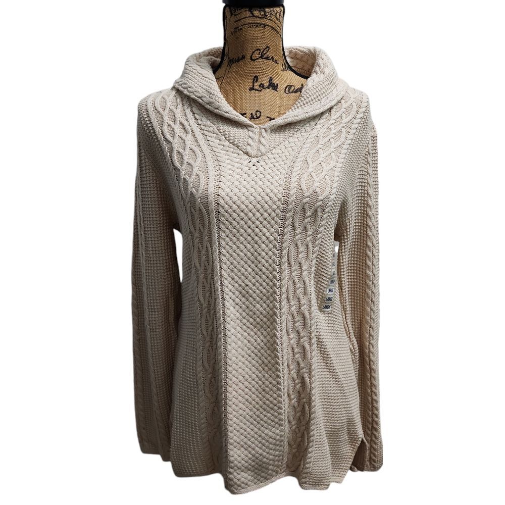 Cozy Cable Knit Cowl Neck Sweater Light Beige Heather Women's Pullover L